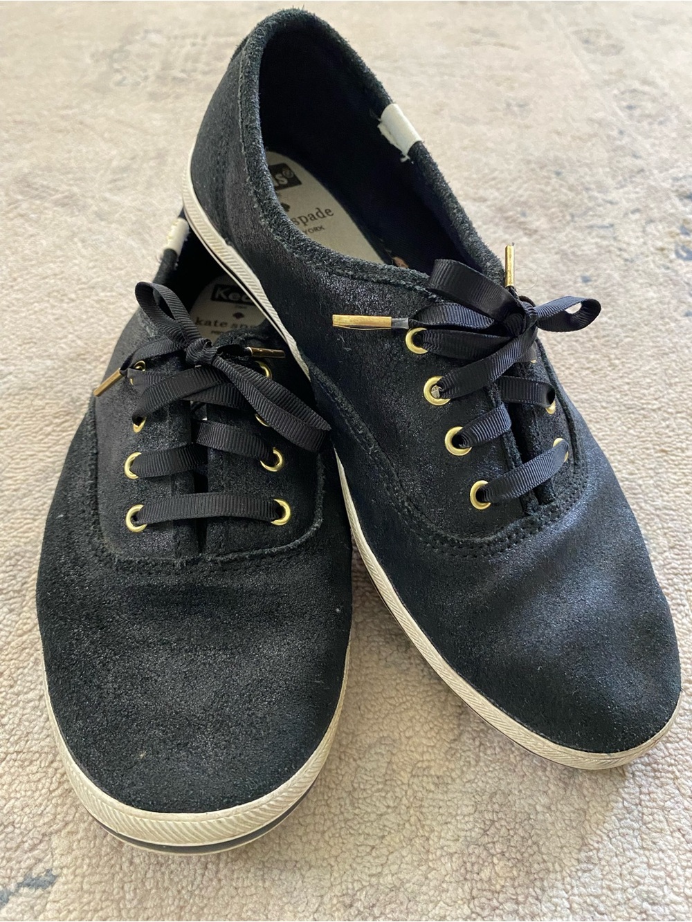 Kate Spade Keds Sneakers Coated Black Gold Hardware 7.5 Metallic Shiny Shimmer